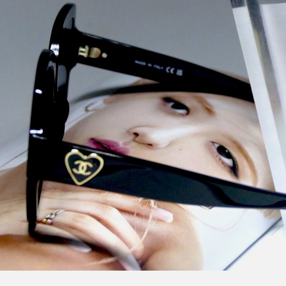 Authentic CHANEL Acetate Enamel Heart sunglasses Black Classic Cat Eye - Picture 1 of 12